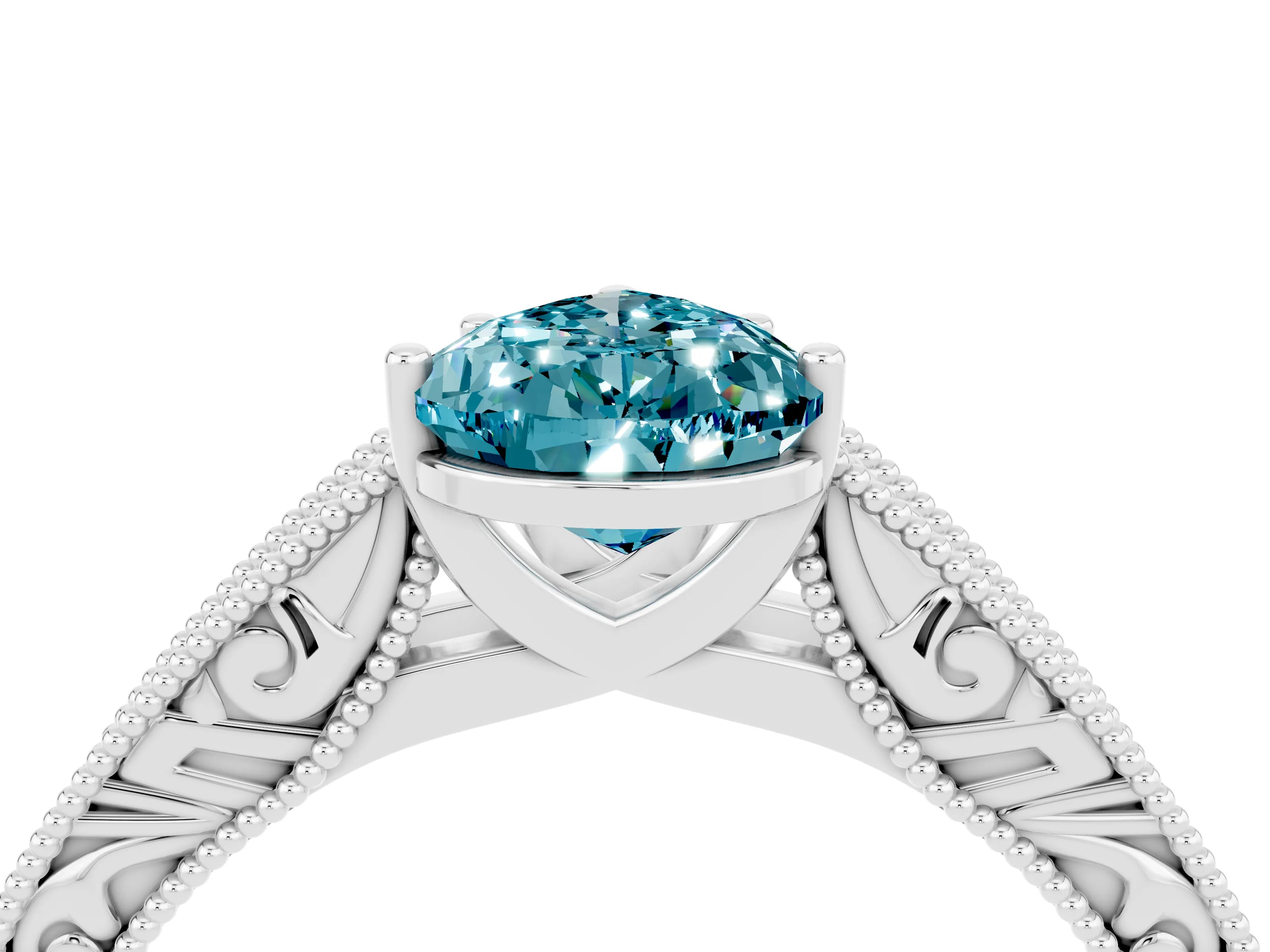White gold Pear Cut Blue Topaz Solitaire Ring with Engraved Band and Four-Prong Setting_4