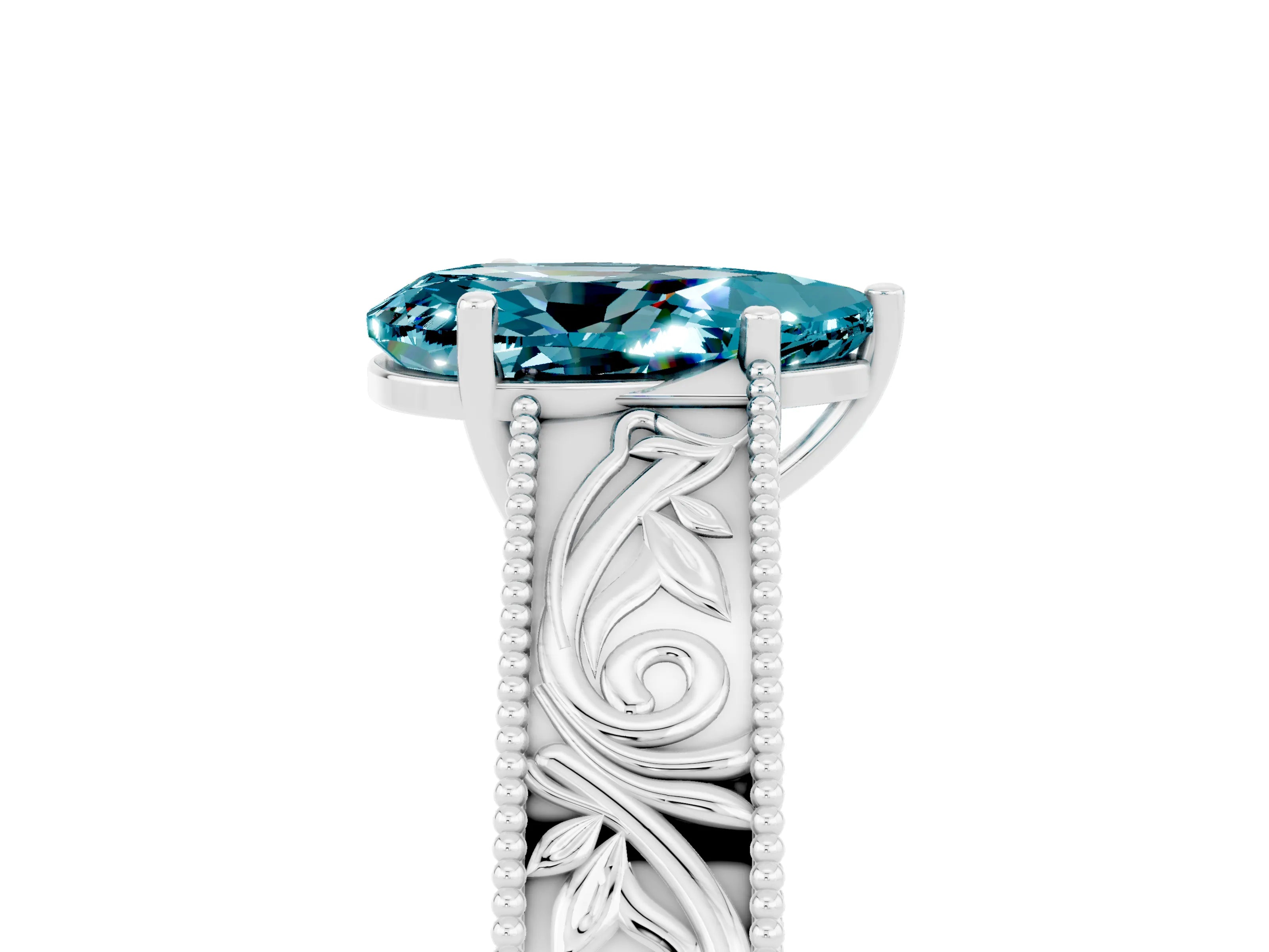 White gold Pear Cut Blue Topaz Solitaire Ring with Engraved Band and Four-Prong Setting_5
