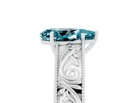 White gold Pear Cut Blue Topaz Solitaire Ring with Engraved Band and Four-Prong Setting_5