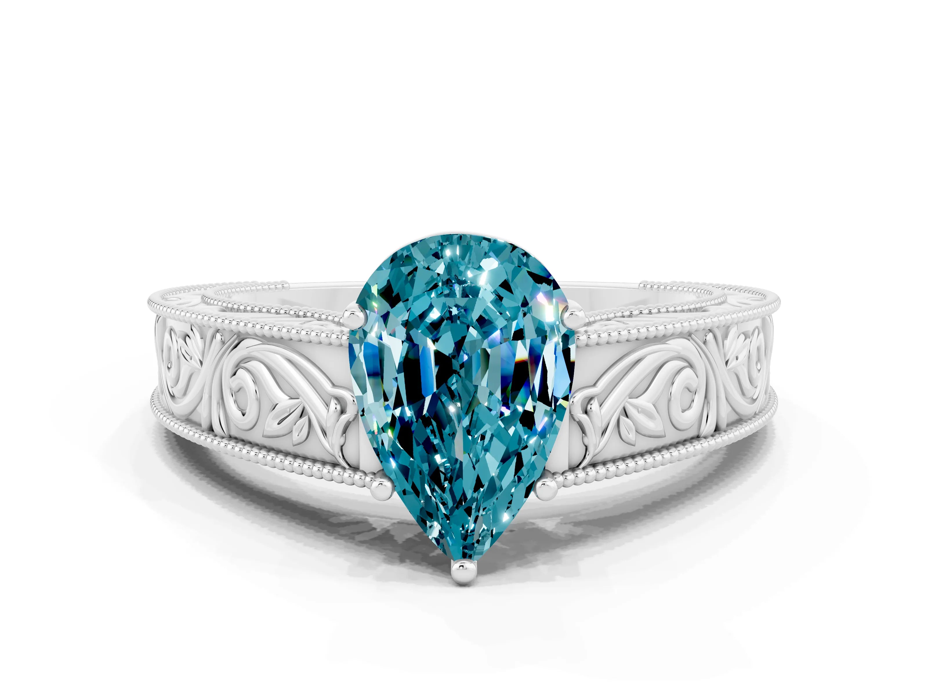 White gold Pear Cut Blue Topaz Solitaire Ring with Engraved Band and Four-Prong Setting