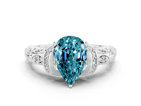 White gold Pear Cut Blue Topaz Solitaire Ring with Filigree Band and Four-Prong Setting_24