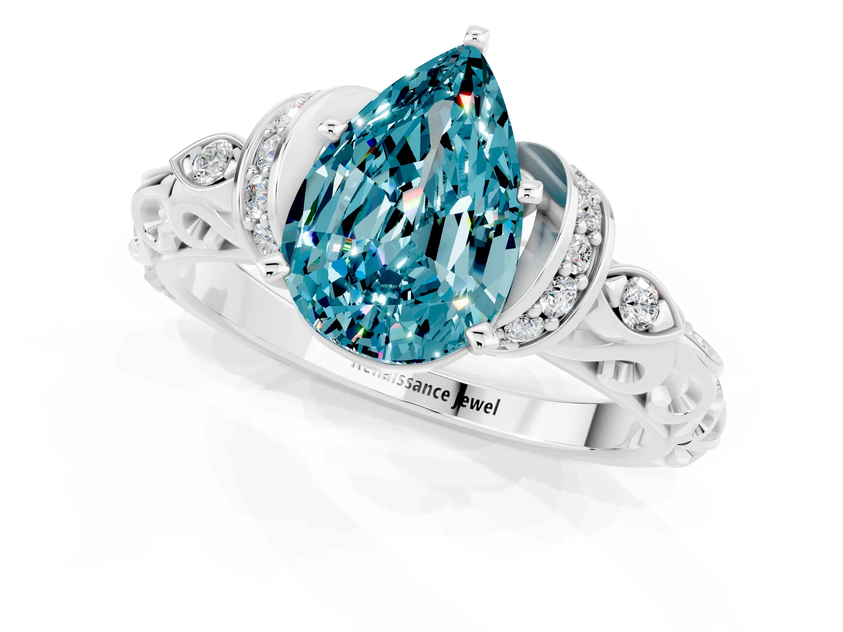 White gold Pear Cut Blue Topaz Solitaire Ring with Filigree Band and Four-Prong Setting_25