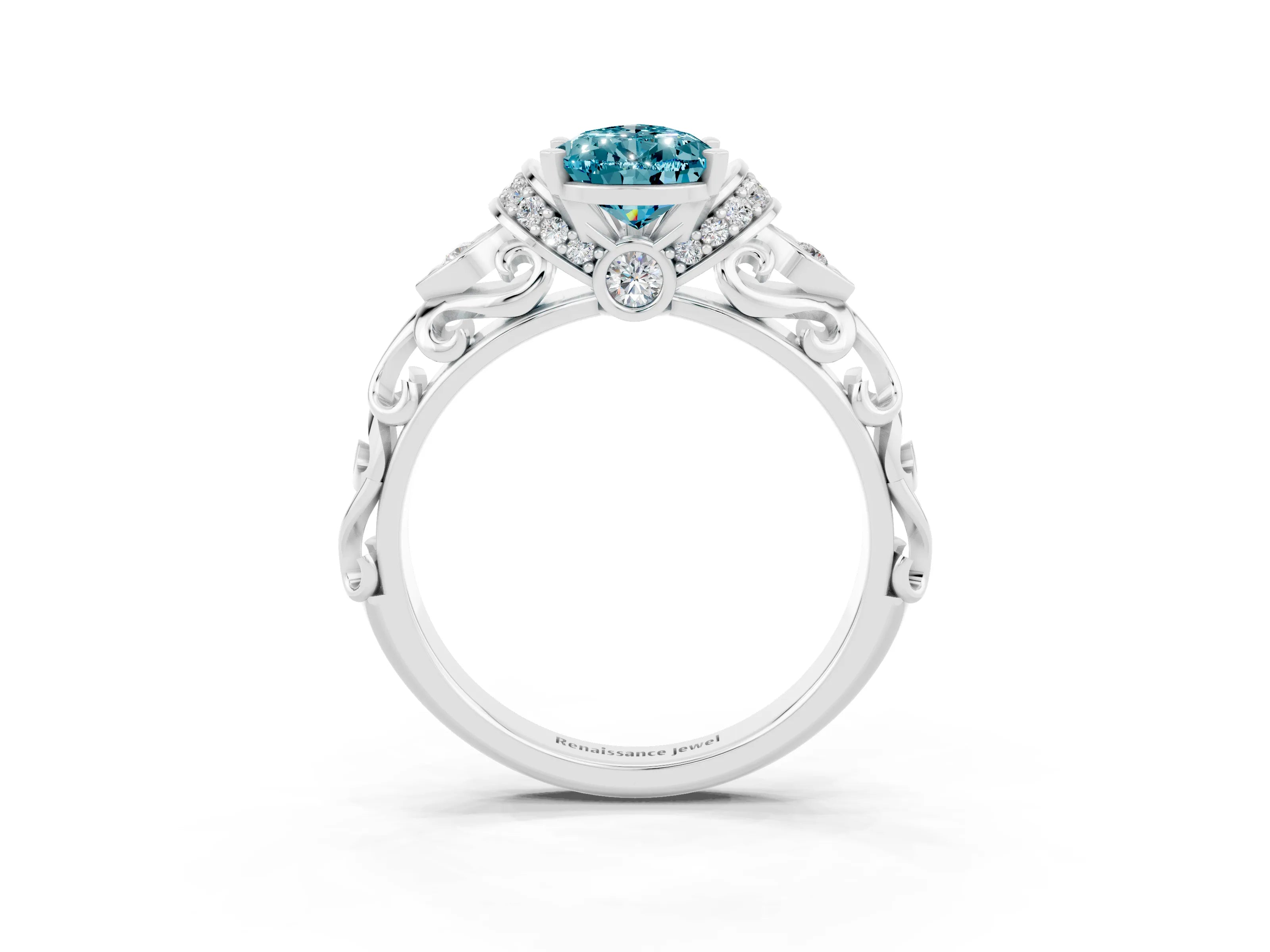 White gold Pear Cut Blue Topaz Solitaire Ring with Filigree Band and Four-Prong Setting_27