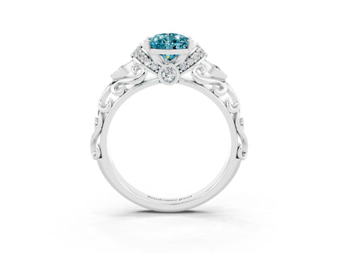 White gold Pear Cut Blue Topaz Solitaire Ring with Filigree Band and Four-Prong Setting_27