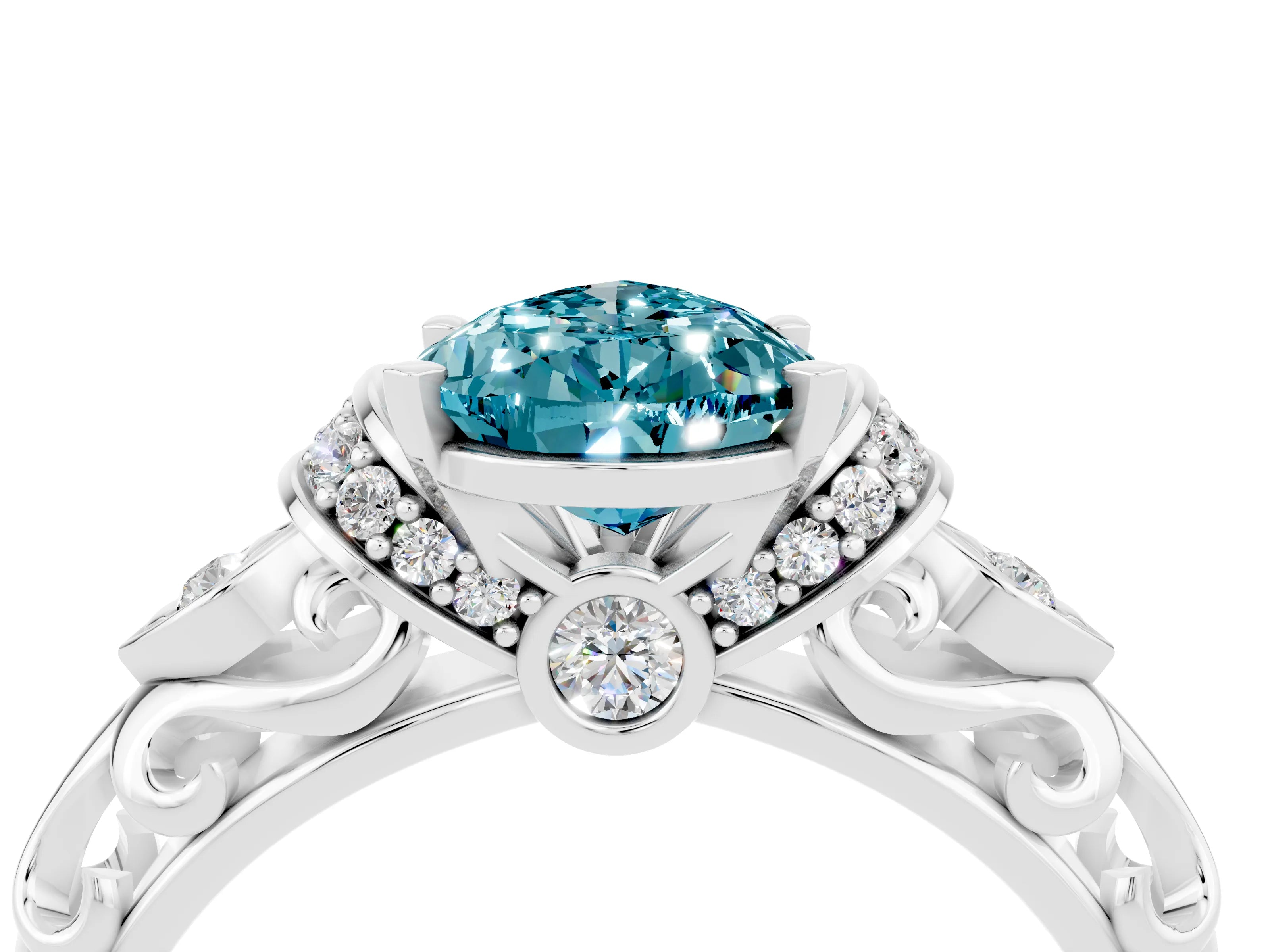 White gold Pear Cut Blue Topaz Solitaire Ring with Filigree Band and Four-Prong Setting_28