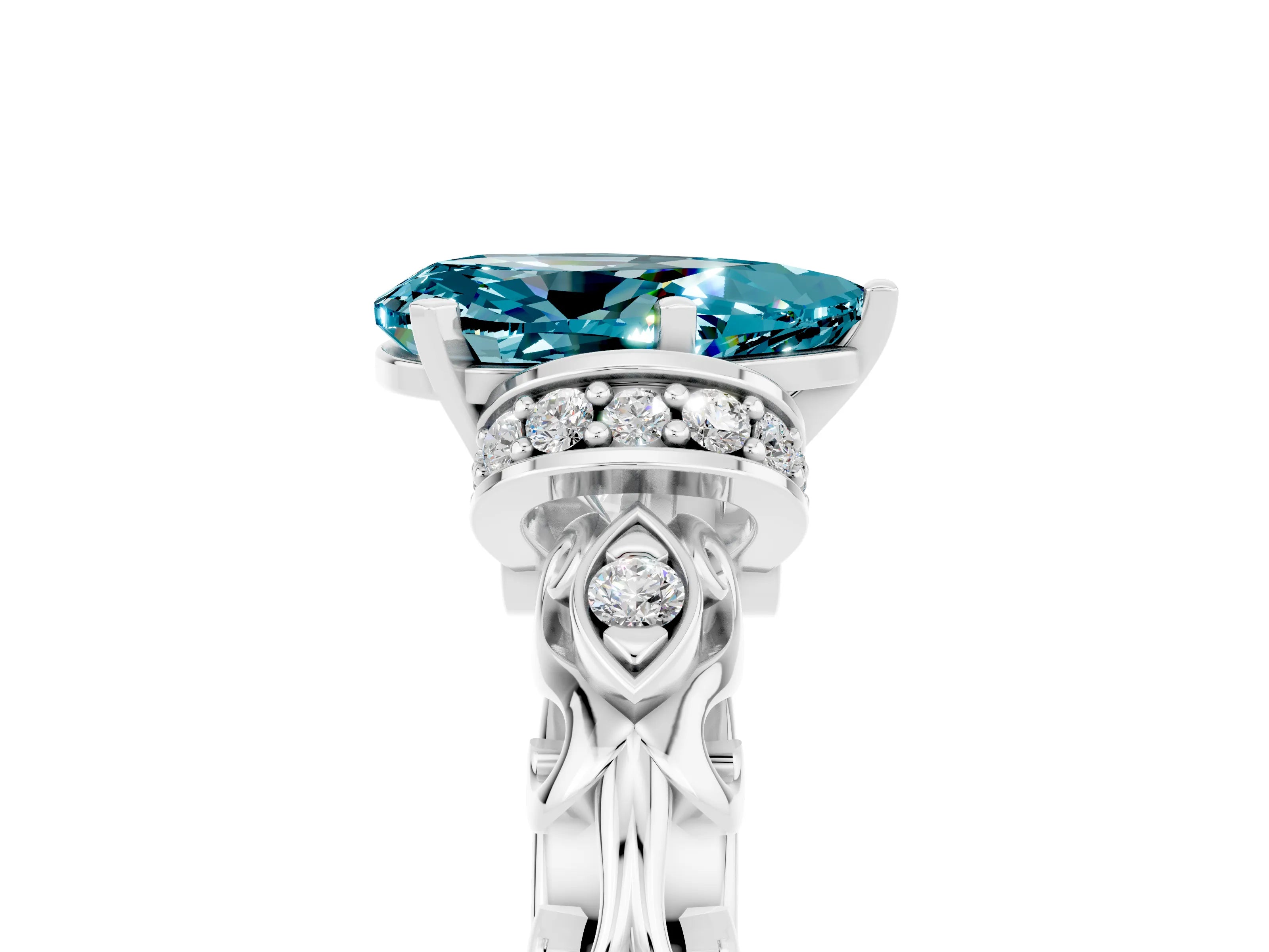 White gold Pear Cut Blue Topaz Solitaire Ring with Filigree Band and Four-Prong Setting_29