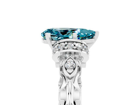 White gold Pear Cut Blue Topaz Solitaire Ring with Filigree Band and Four-Prong Setting_29