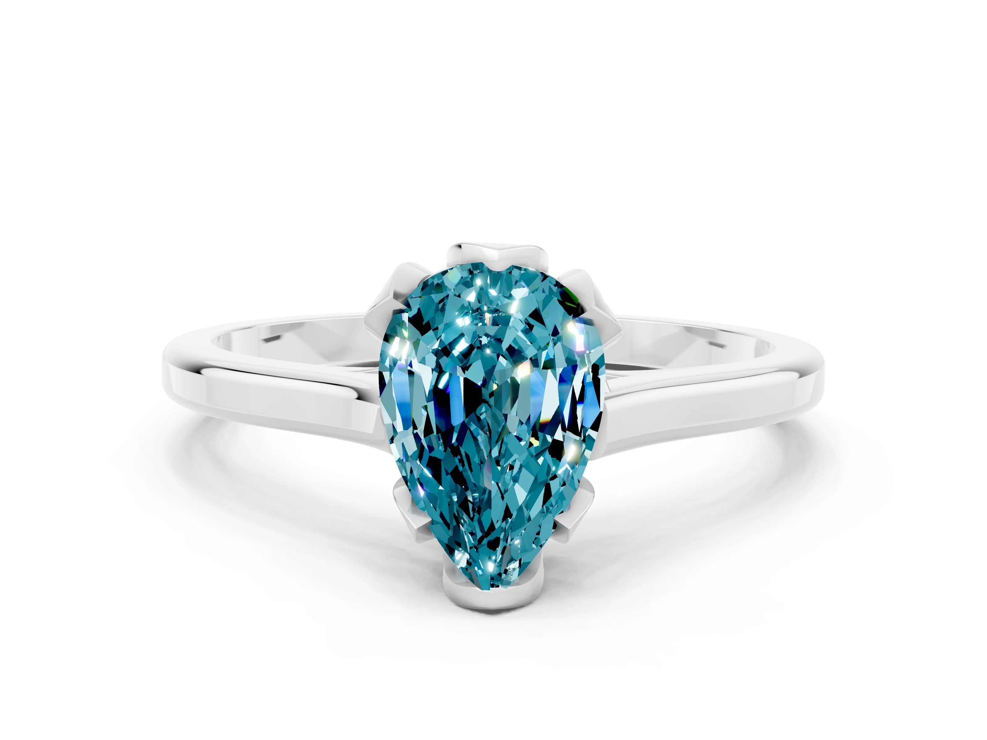 White gold Pear Cut Blue Topaz Solitaire Ring with Flower Prong Setting and Classic Band_12