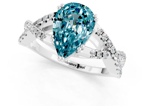 White gold Pear Cut Blue Topaz Solitaire Ring with Four-Prong Setting and Twisted Pavé Band_1