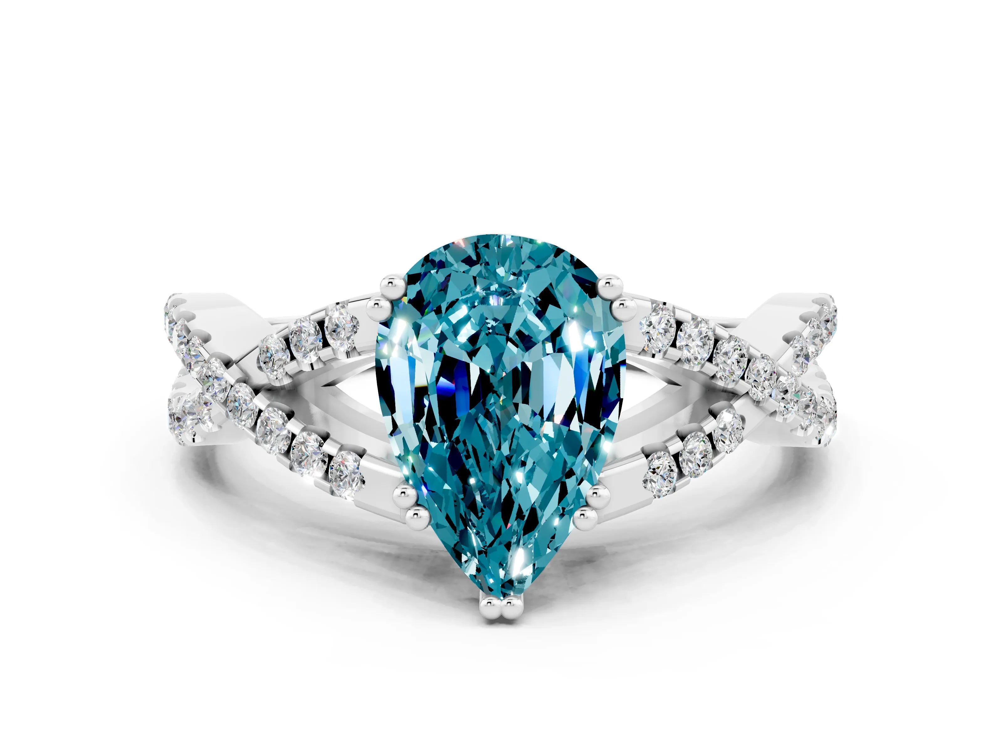 White gold Pear Cut Blue Topaz Solitaire Ring with Four-Prong Setting and Twisted Pavé Band