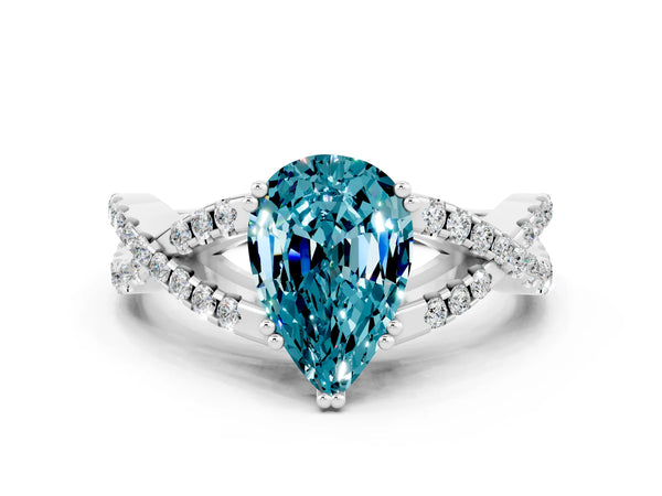 White gold Pear Cut Blue Topaz Solitaire Ring with Four-Prong Setting and Twisted Pavé Band