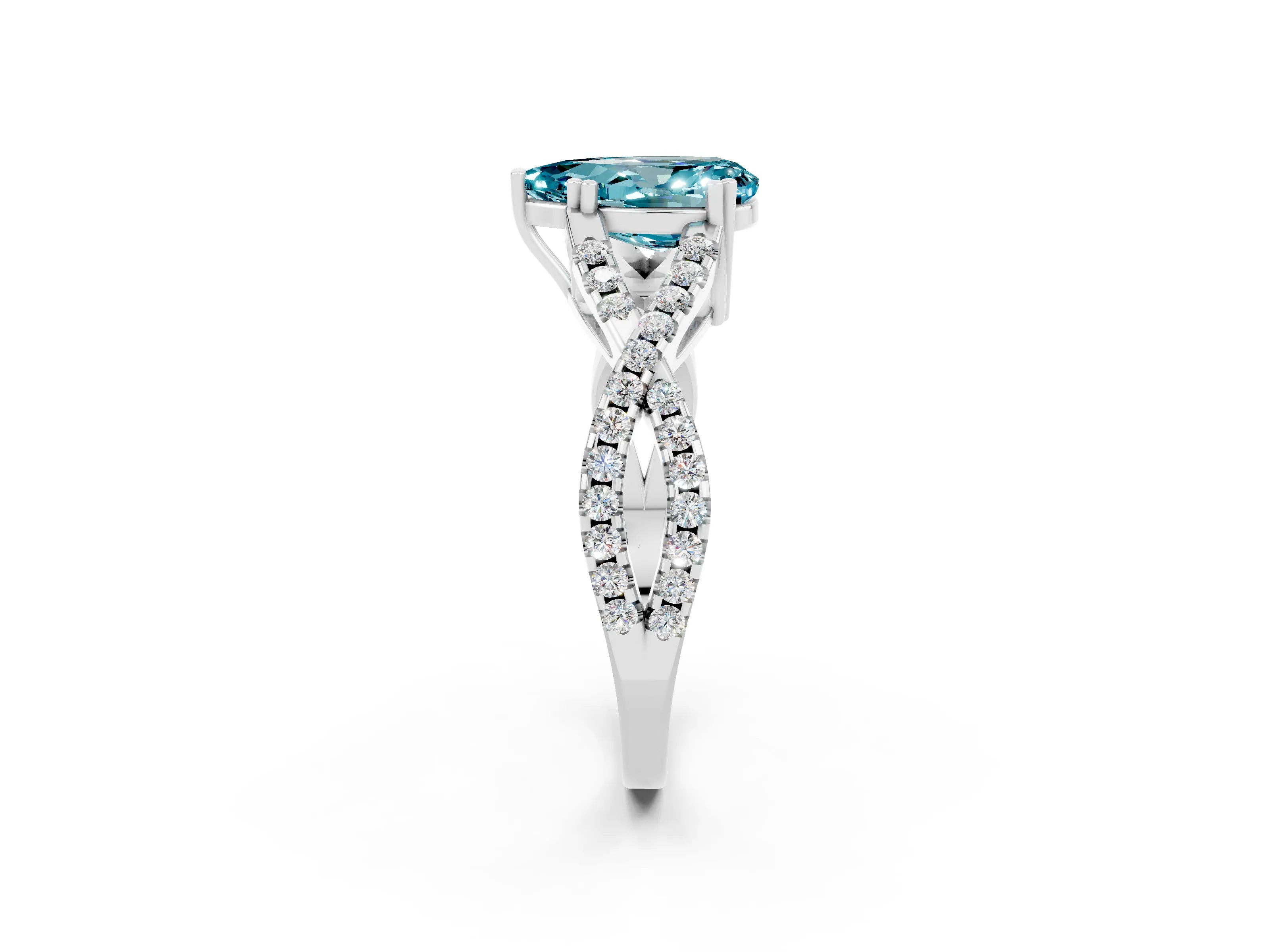 White gold Pear Cut Blue Topaz Solitaire Ring with Four-Prong Setting and Twisted Pavé Band_2
