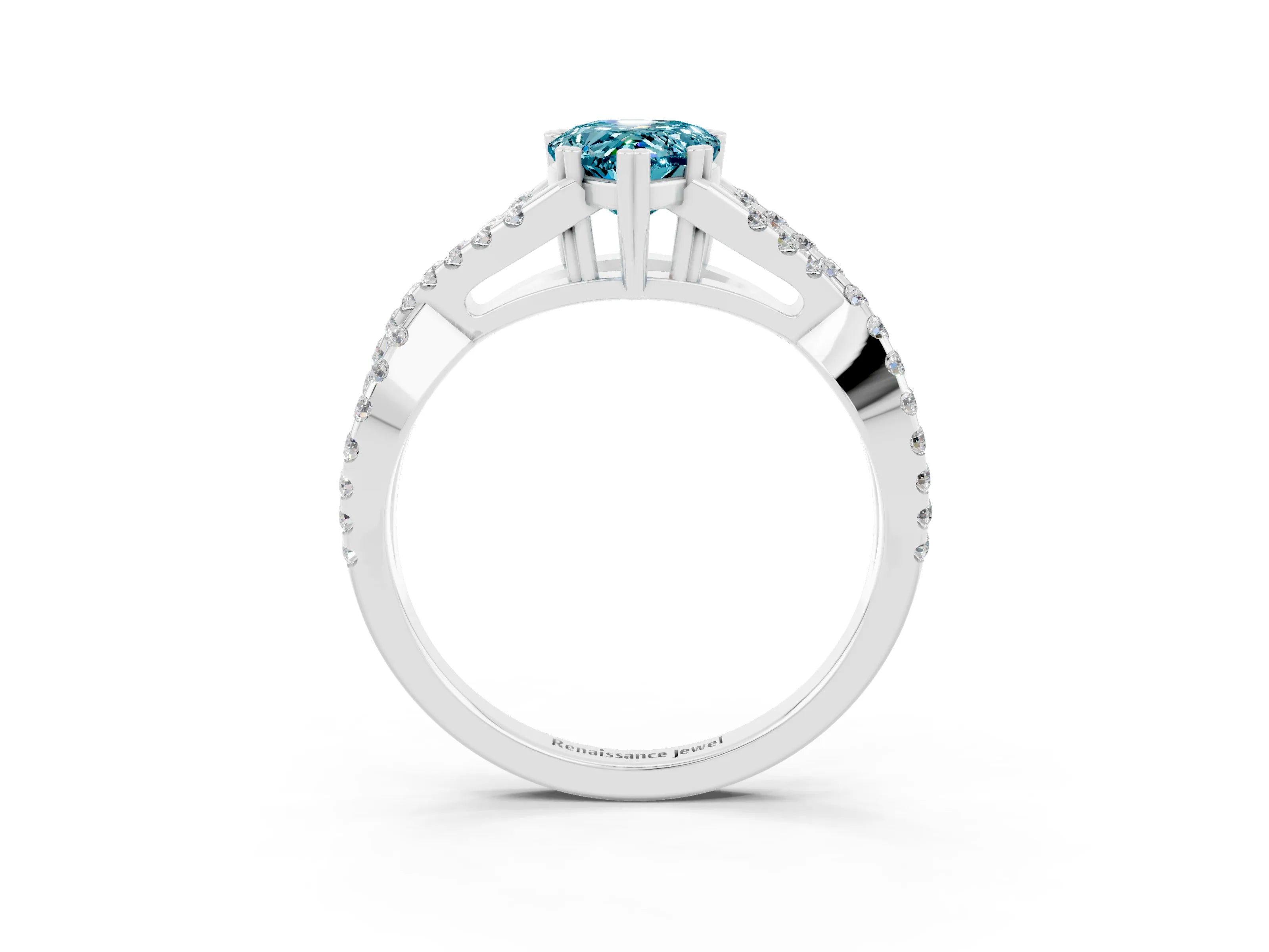 White gold Pear Cut Blue Topaz Solitaire Ring with Four-Prong Setting and Twisted Pavé Band_3