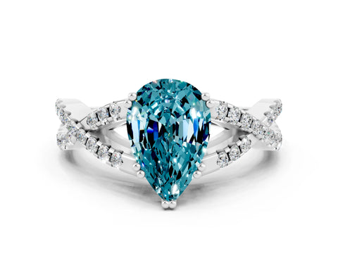 White gold Pear Cut Blue Topaz Solitaire Ring with Four-Prong Setting and Twisted Pavé Band