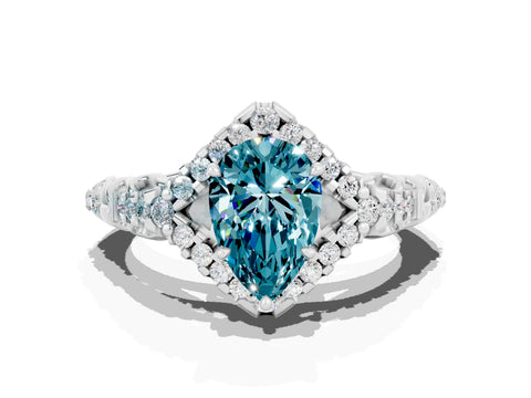 White gold Pear Cut Blue Topaz Solitaire Ring with Hidden Halo and Pavé Band_12