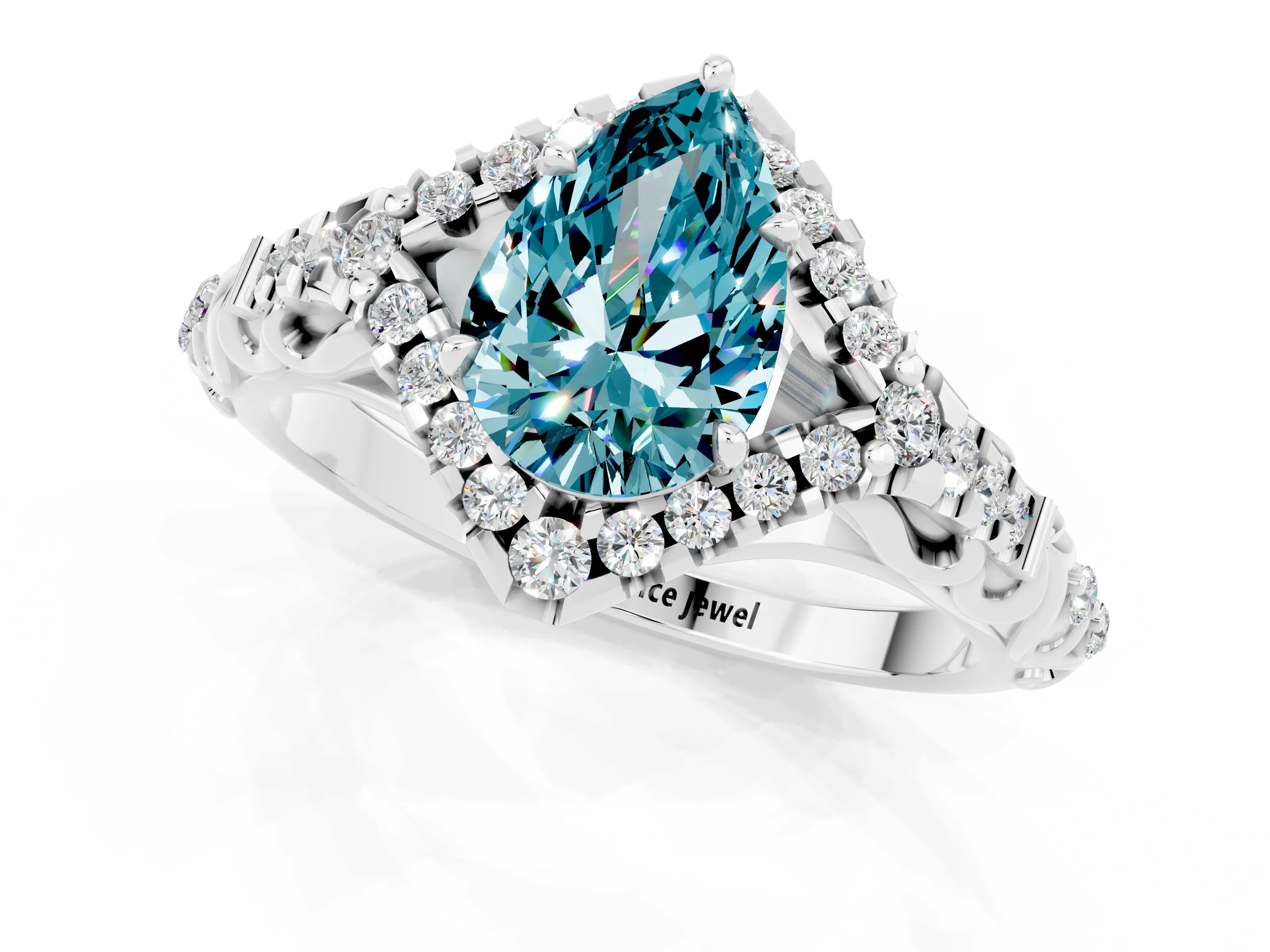 White gold Pear Cut Blue Topaz Solitaire Ring with Hidden Halo and Pavé Band_13