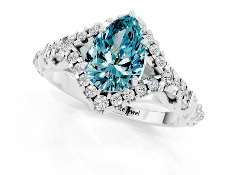 White gold Pear Cut Blue Topaz Solitaire Ring with Hidden Halo and Pavé Band_13