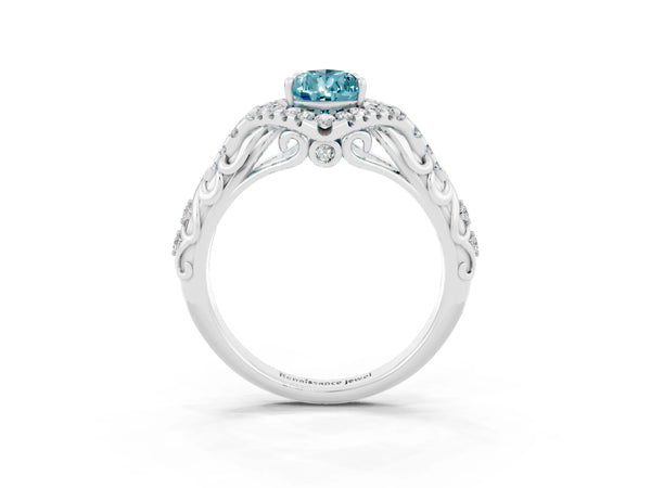 Silver Pear Cut Blue Topaz Solitaire Ring with Hidden Halo and Pavé Band