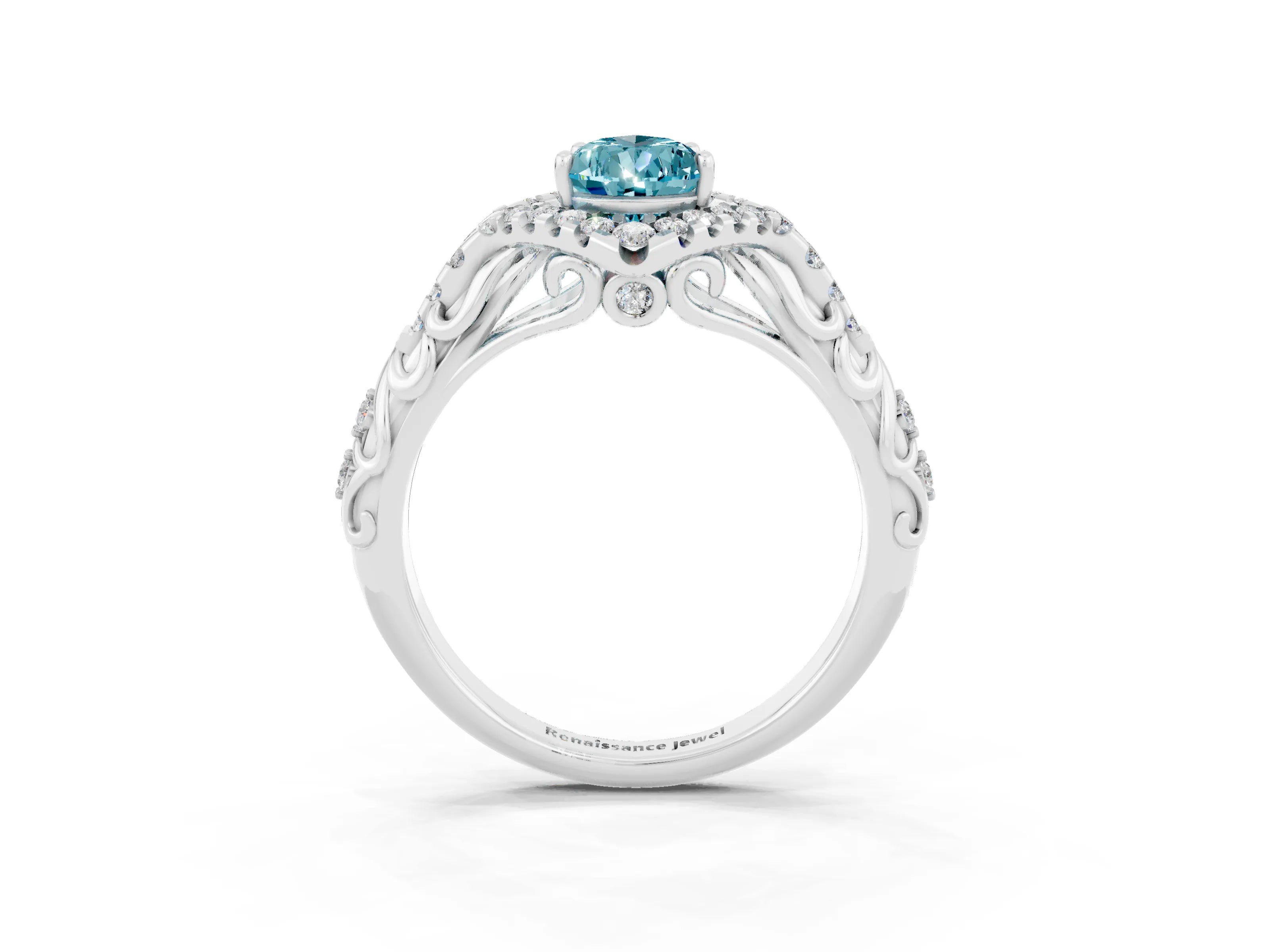 White gold Pear Cut Blue Topaz Solitaire Ring with Hidden Halo and Pavé Band_15
