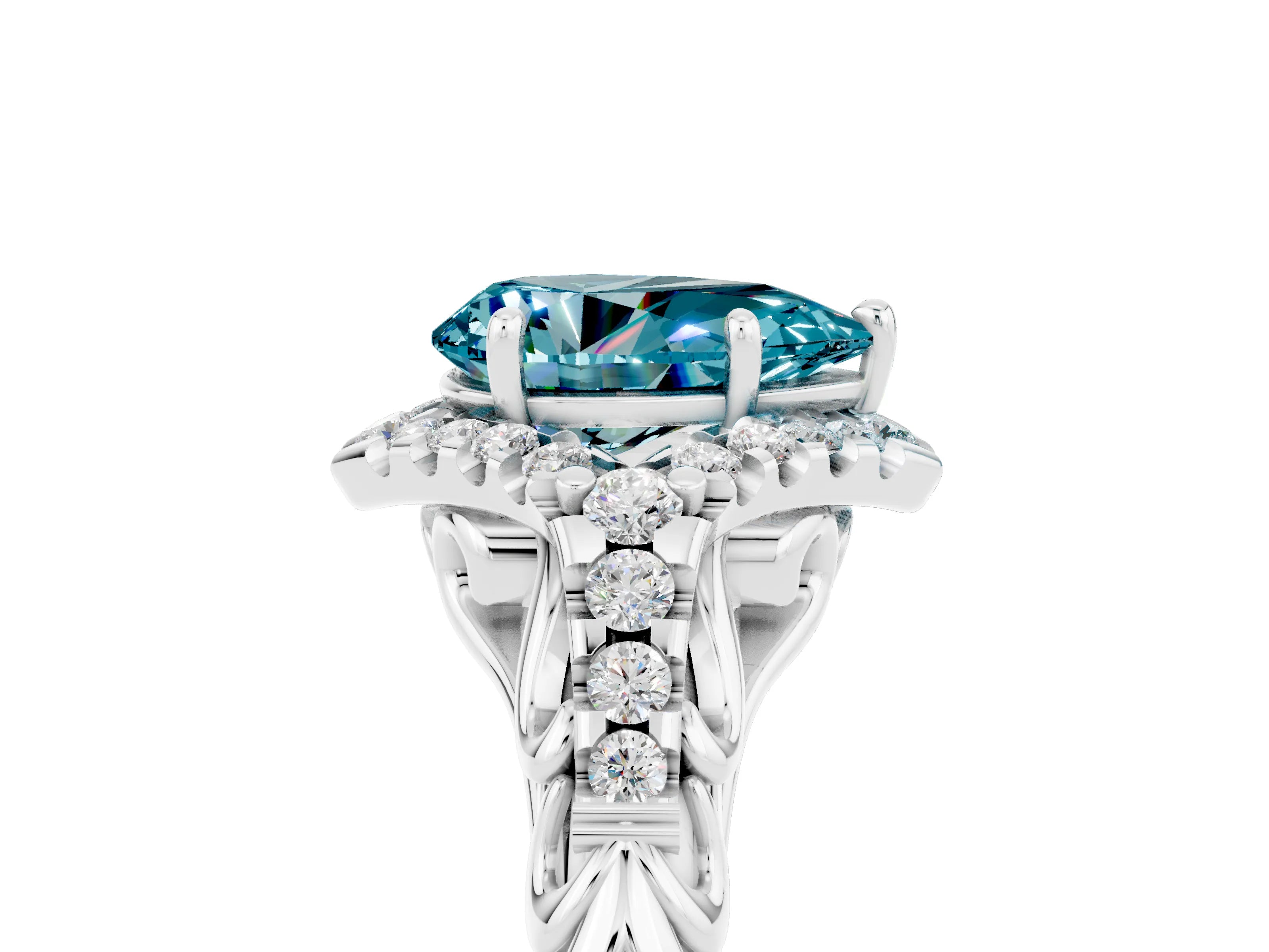 White gold Pear Cut Blue Topaz Solitaire Ring with Hidden Halo and Pavé Band_17