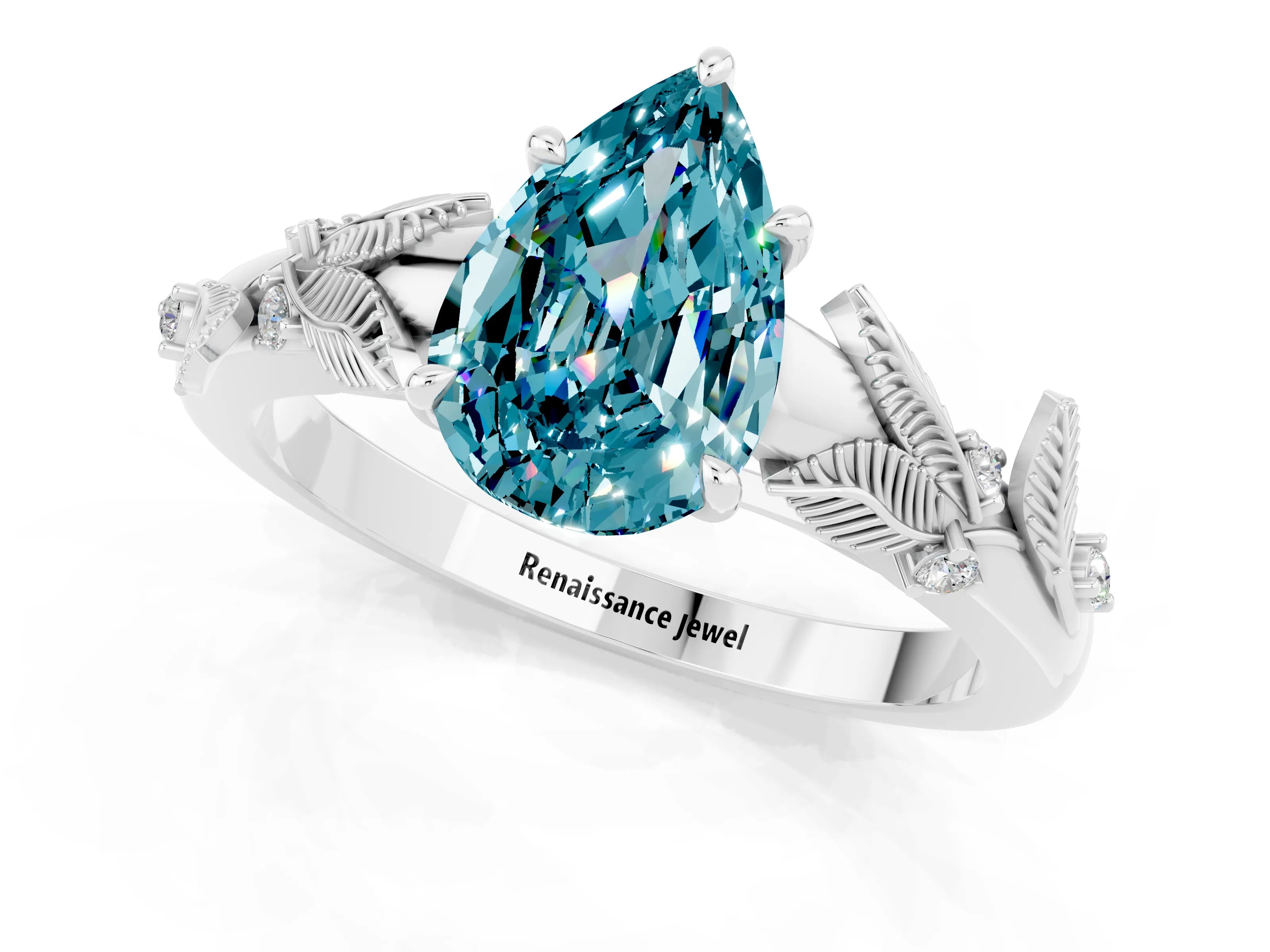 White gold Pear Cut Blue Topaz Solitaire Ring with Leaf Motif Band and Four-Prong Setting_1
