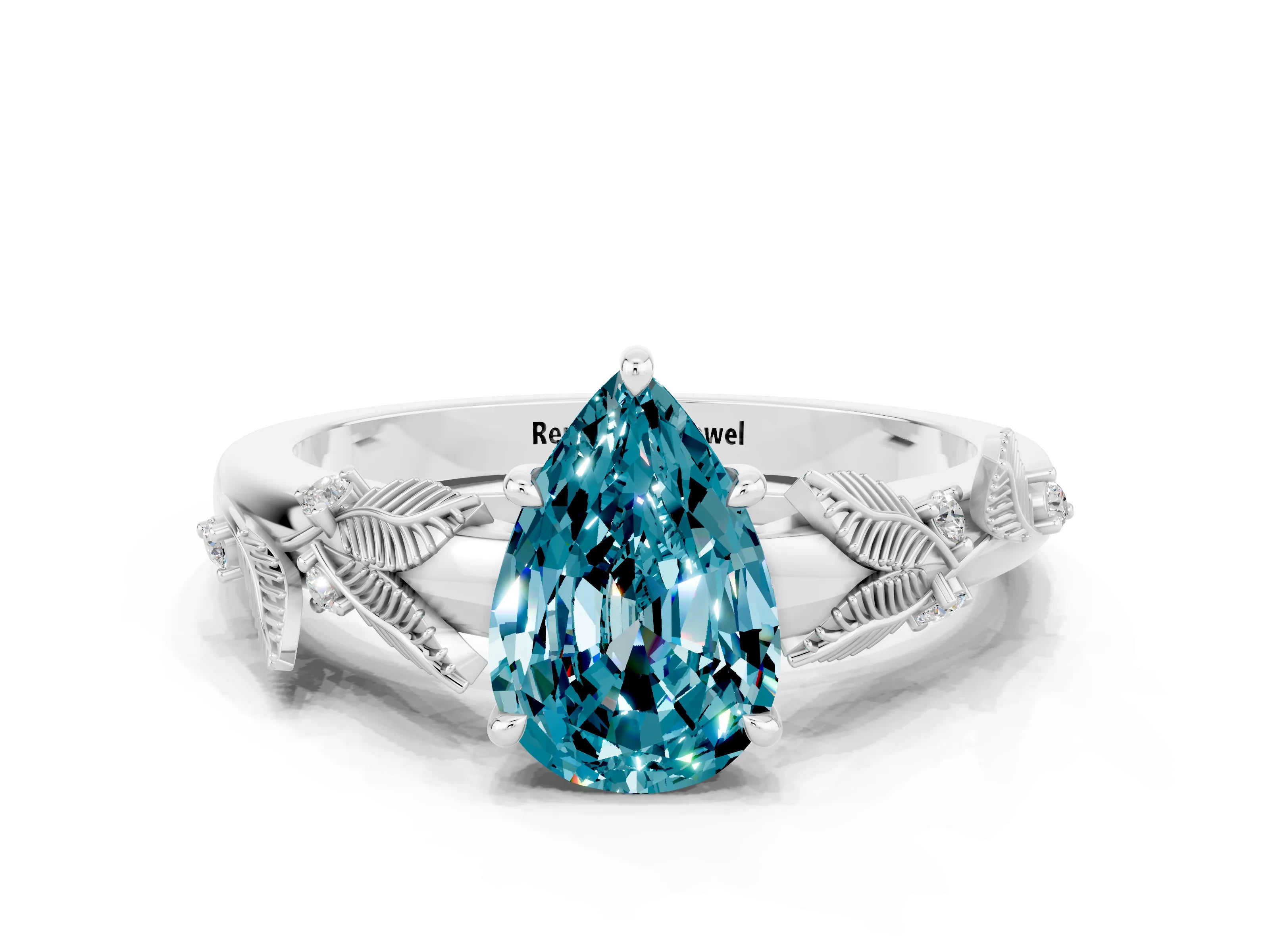 White gold Pear Cut Blue Topaz Solitaire Ring with Leaf Motif Band and Four-Prong Setting_12