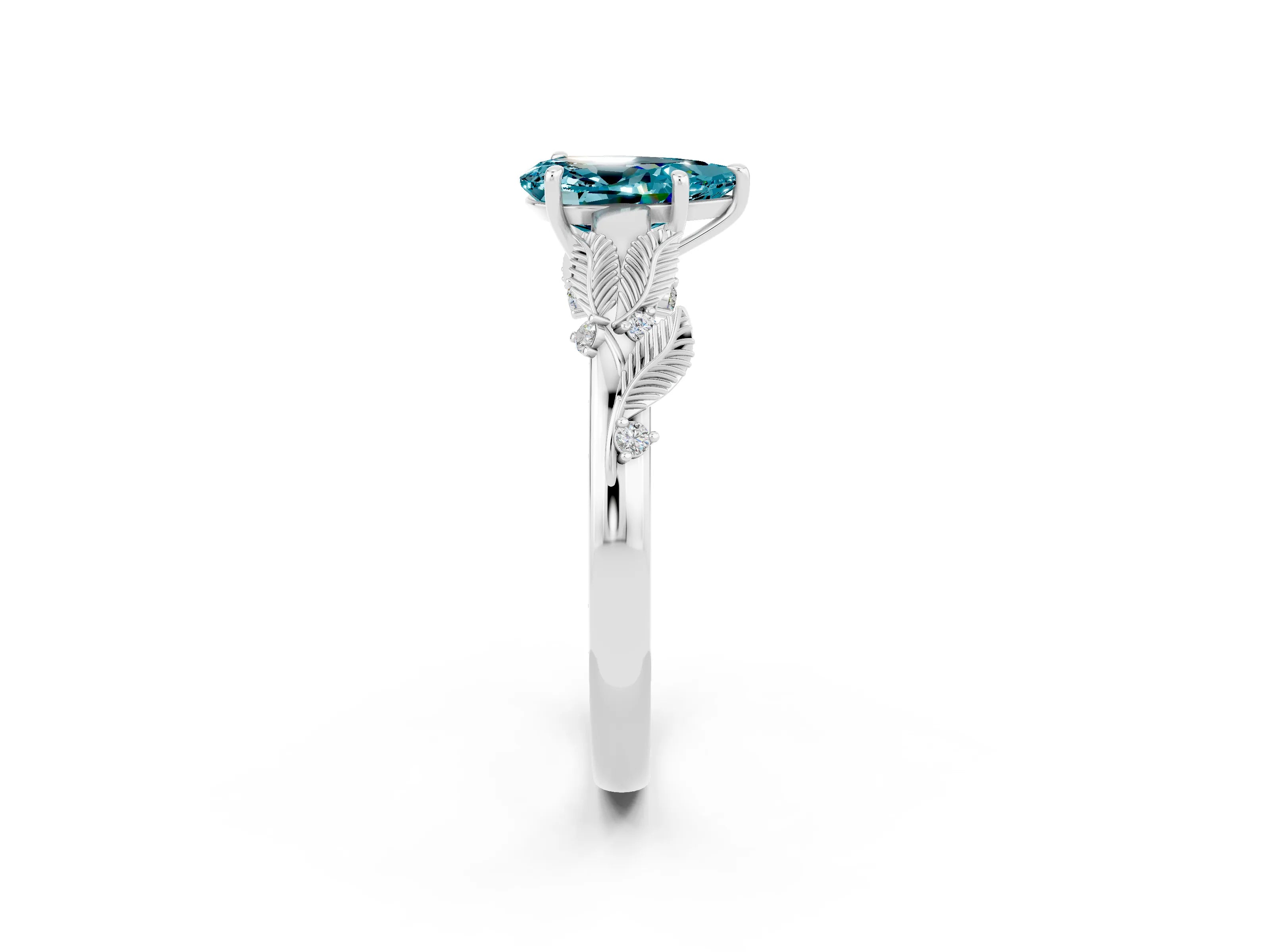 White gold Pear Cut Blue Topaz Solitaire Ring with Leaf Motif Band and Four-Prong Setting_14