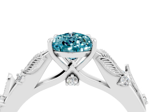 White gold Pear Cut Blue Topaz Solitaire Ring with Leaf Motif Band and Four-Prong Setting_16