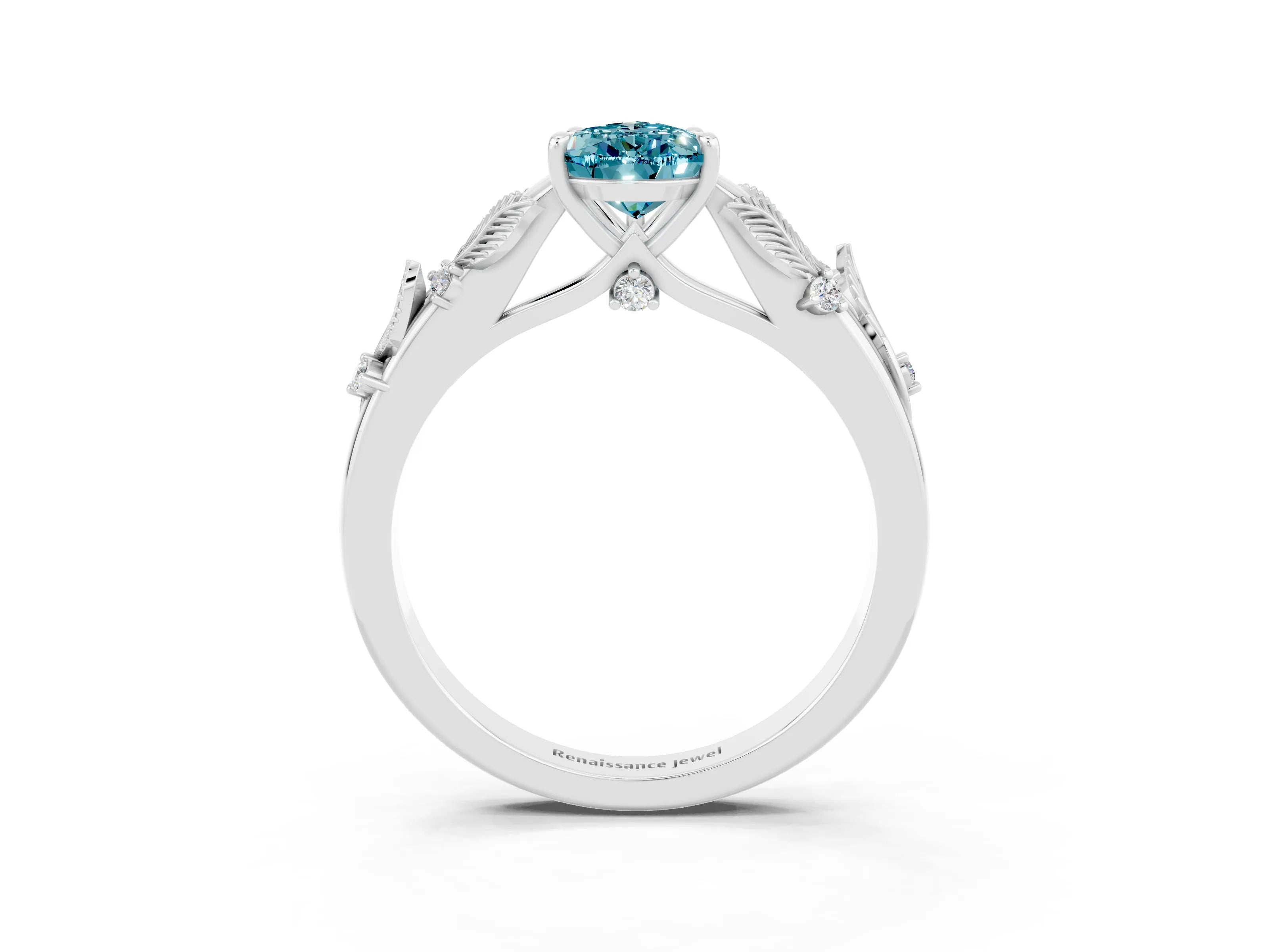 White gold Pear Cut Blue Topaz Solitaire Ring with Leaf Motif Band and Four-Prong Setting_3