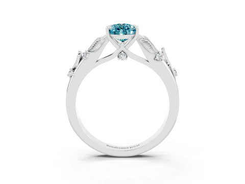 White gold Pear Cut Blue Topaz Solitaire Ring with Leaf Motif Band and Four-Prong Setting_3