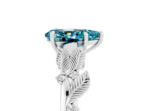 White gold Pear Cut Blue Topaz Solitaire Ring with Leaf Motif Band and Four-Prong Setting_5