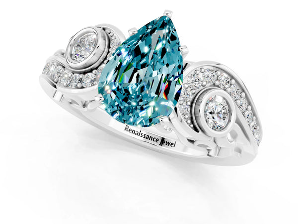 Silver Pear Cut Blue Topaz Solitaire Ring with Milgrain Pavé Band and Four-Prong Setting