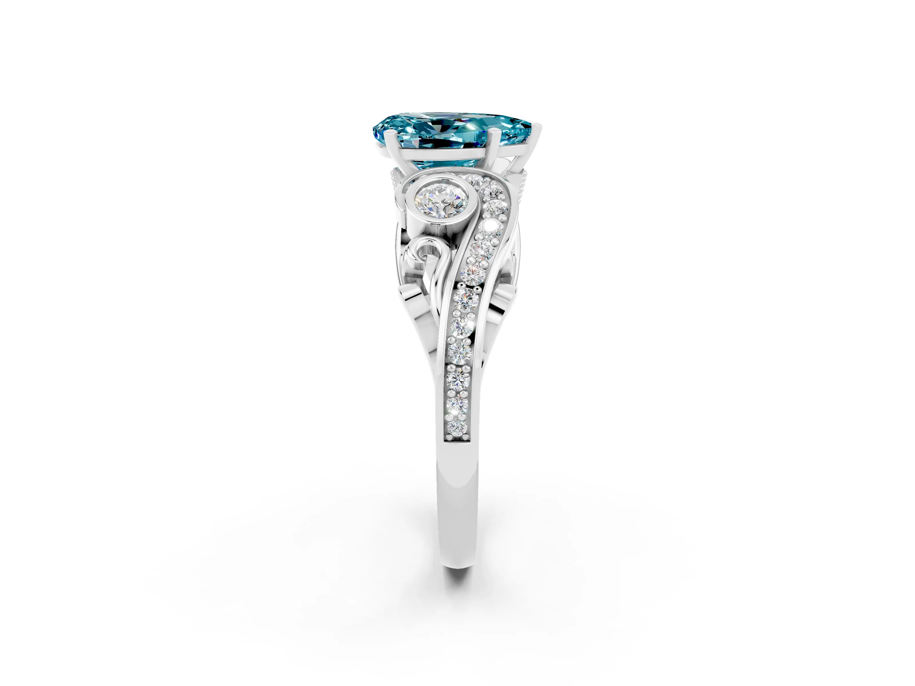 White gold Pear Cut Blue Topaz Solitaire Ring with Milgrain Pavé Band and Four-Prong Setting_14
