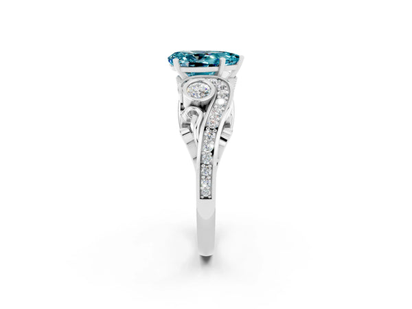 Platinum Pear Cut Blue Topaz Solitaire Ring with Milgrain Pavé Band and Four-Prong Setting