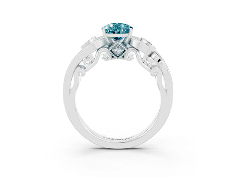White gold Pear Cut Blue Topaz Solitaire Ring with Milgrain Pavé Band and Four-Prong Setting_15