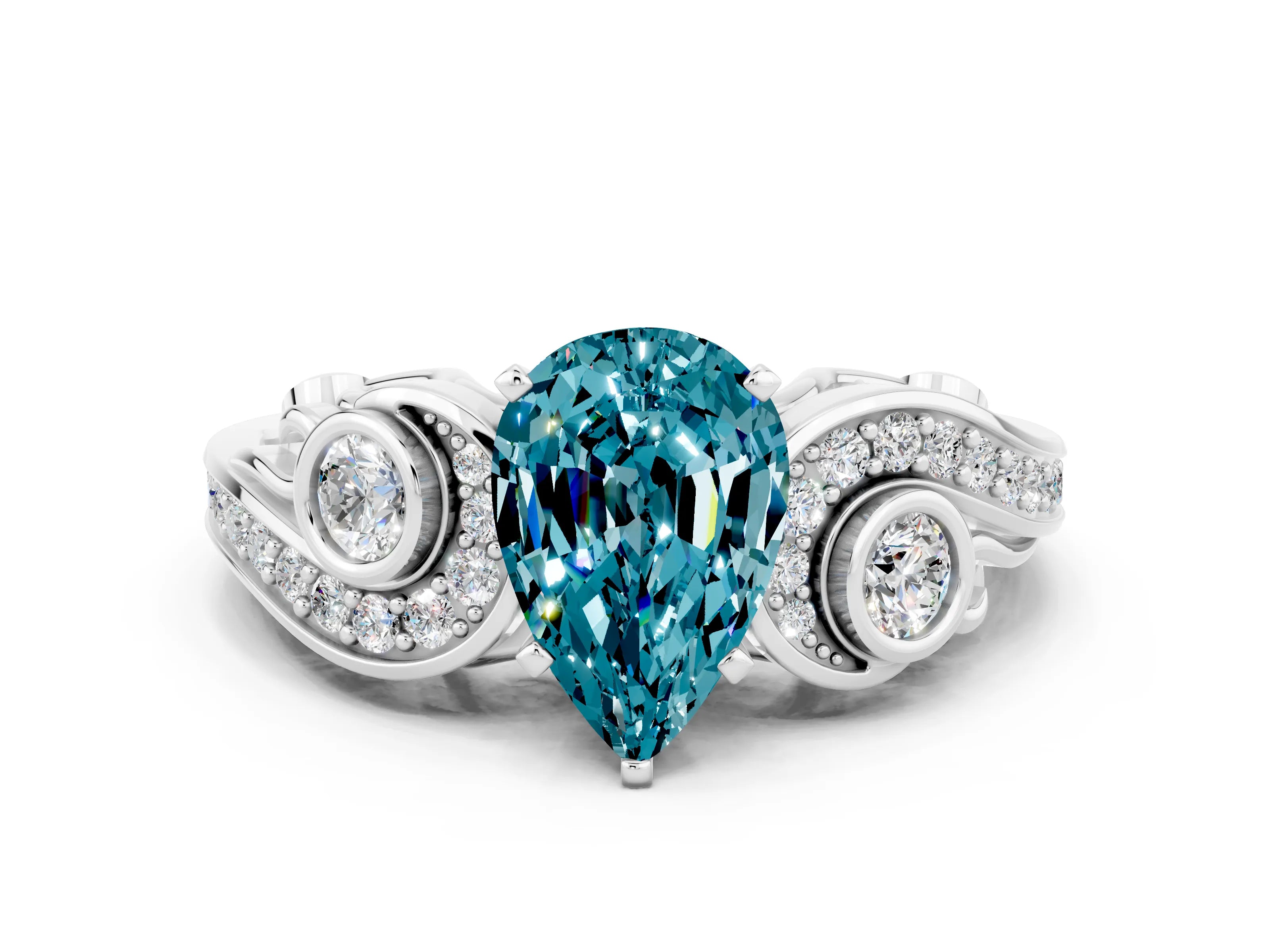 White gold Pear Cut Blue Topaz Solitaire Ring with Milgrain Pavé Band and Four-Prong Setting_48