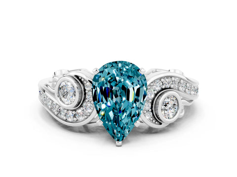White gold Pear Cut Blue Topaz Solitaire Ring with Milgrain Pavé Band and Four-Prong Setting_48