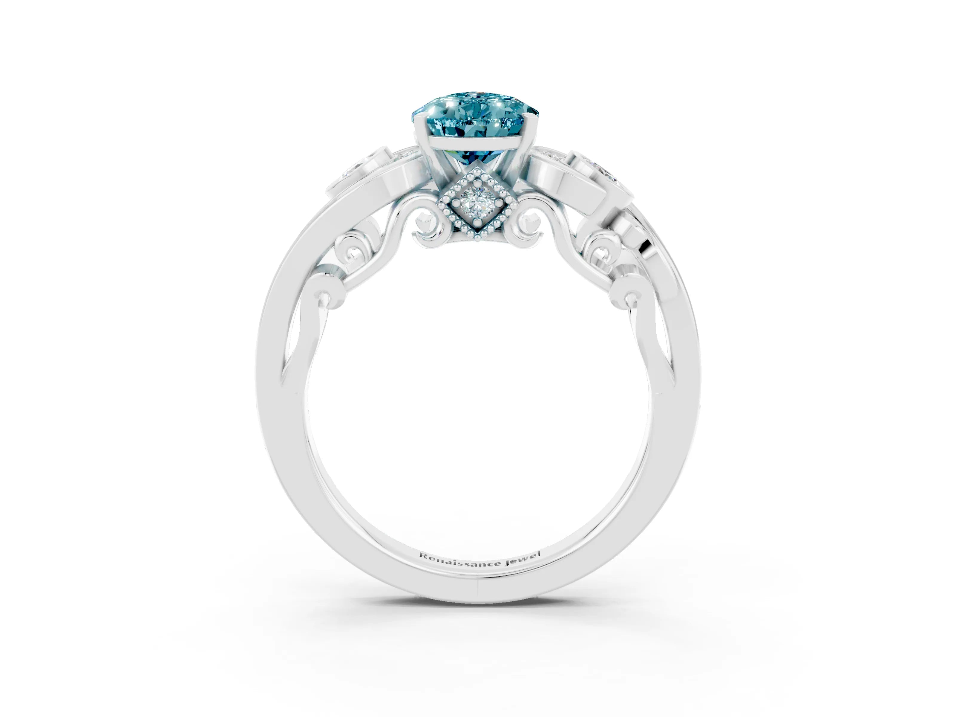 White gold Pear Cut Blue Topaz Solitaire Ring with Milgrain Pavé Band and Four-Prong Setting_51