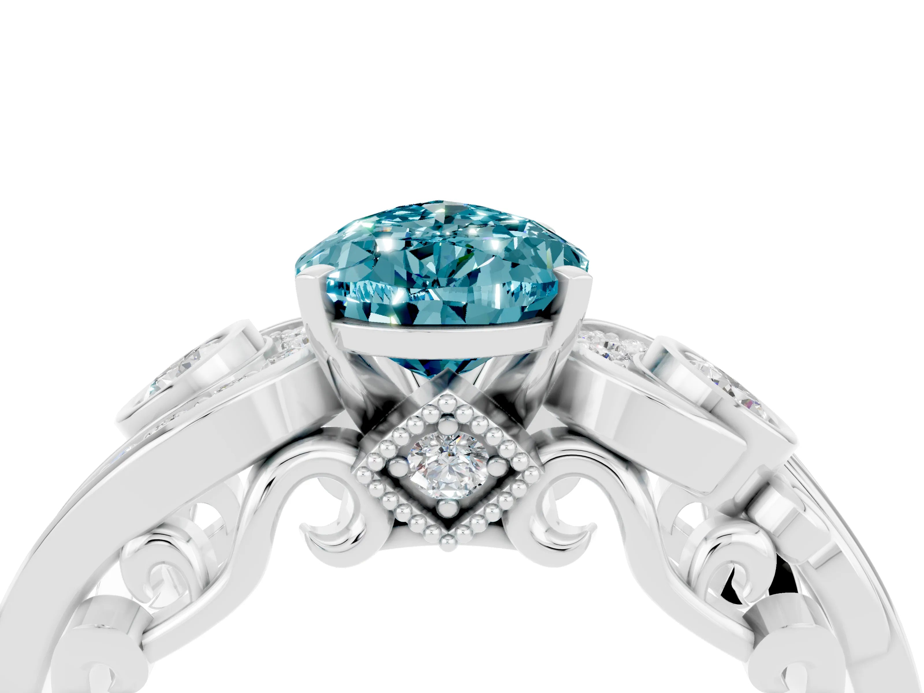 White gold Pear Cut Blue Topaz Solitaire Ring with Milgrain Pavé Band and Four-Prong Setting_52