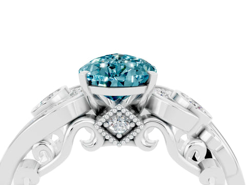White gold Pear Cut Blue Topaz Solitaire Ring with Milgrain Pavé Band and Four-Prong Setting_52
