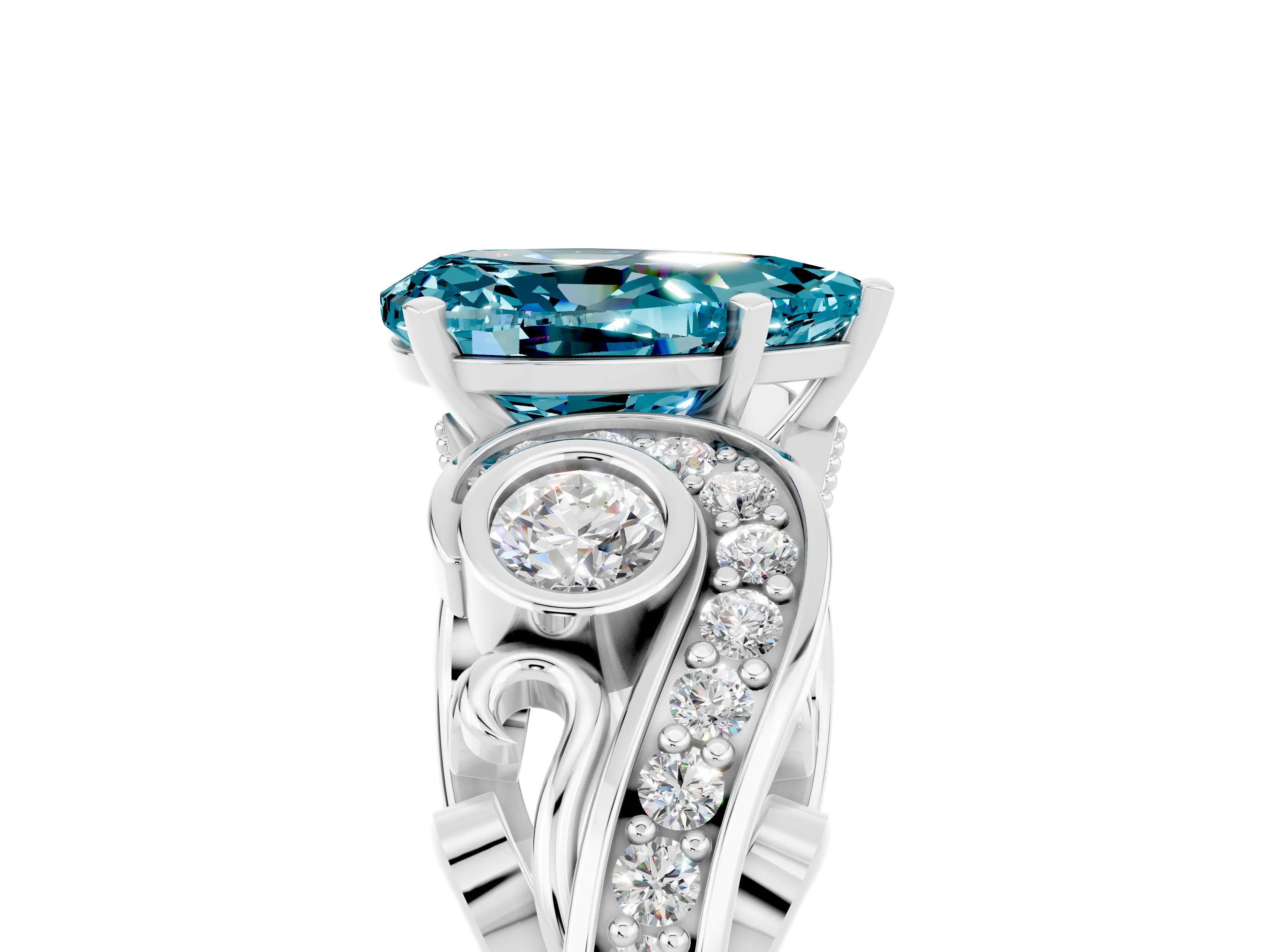 White gold Pear Cut Blue Topaz Solitaire Ring with Milgrain Pavé Band and Four-Prong Setting_53