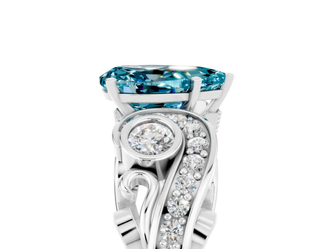 White gold Pear Cut Blue Topaz Solitaire Ring with Milgrain Pavé Band and Four-Prong Setting_53
