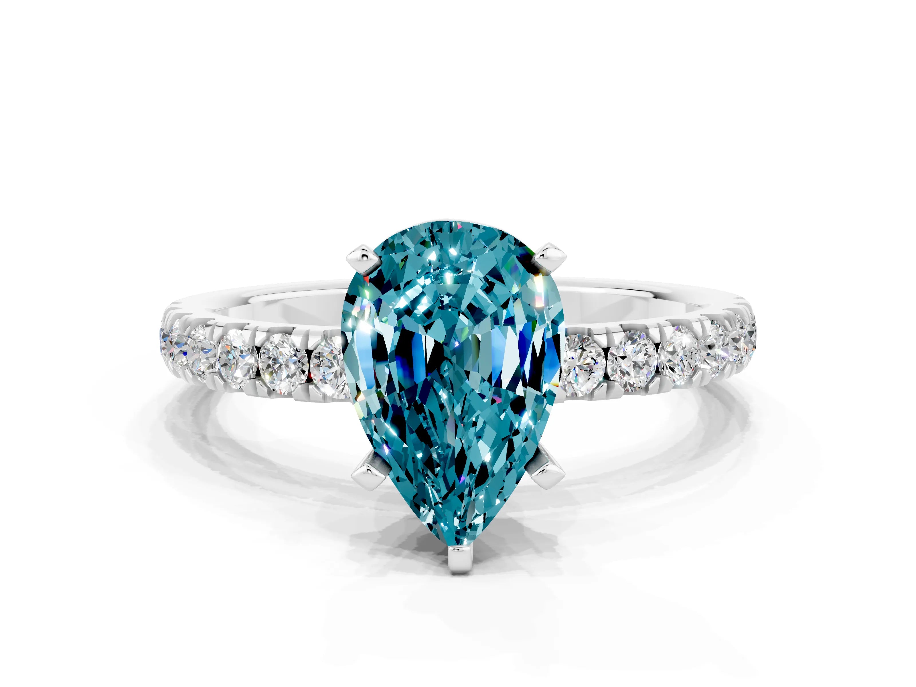 White gold Pear Cut Blue Topaz Solitaire Ring with Pavé Accents and Four-Prong Setting