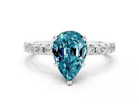 White gold Pear Cut Blue Topaz Solitaire Ring with Pavé Band and Four-Prong Setting_24