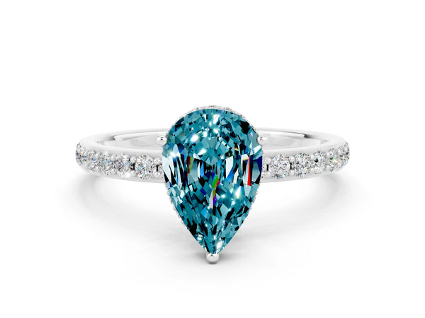 Platinum Pear Cut Blue Topaz Solitaire Ring with Pavé Band and Hidden Halo