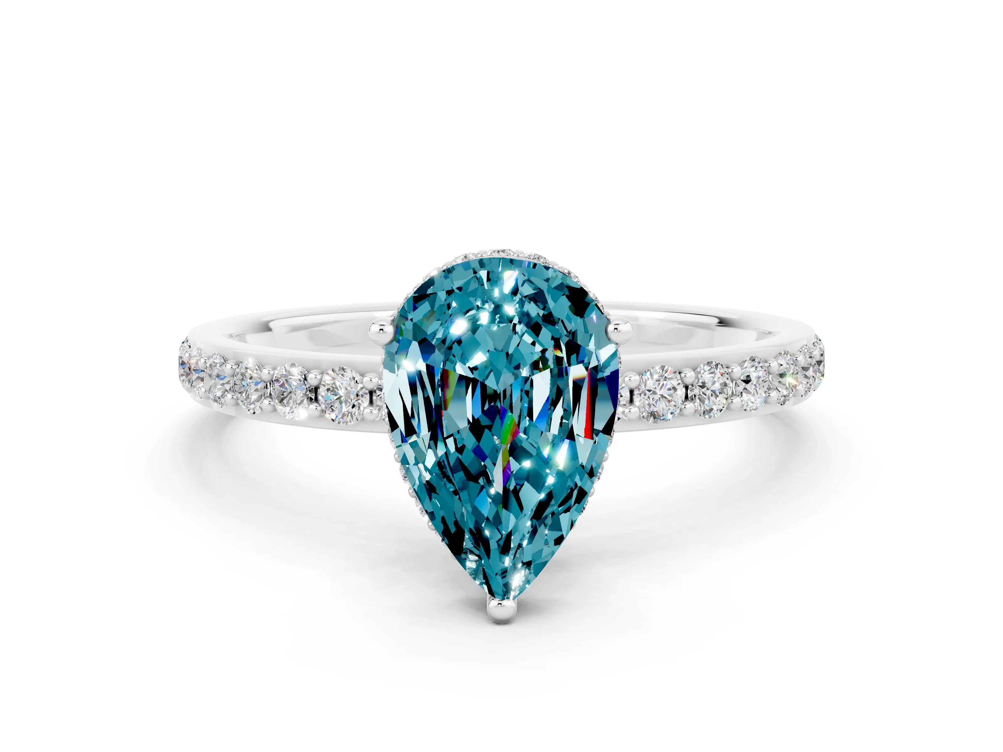 White gold Pear Cut Blue Topaz Solitaire Ring with Pavé Band and Hidden Halo_24