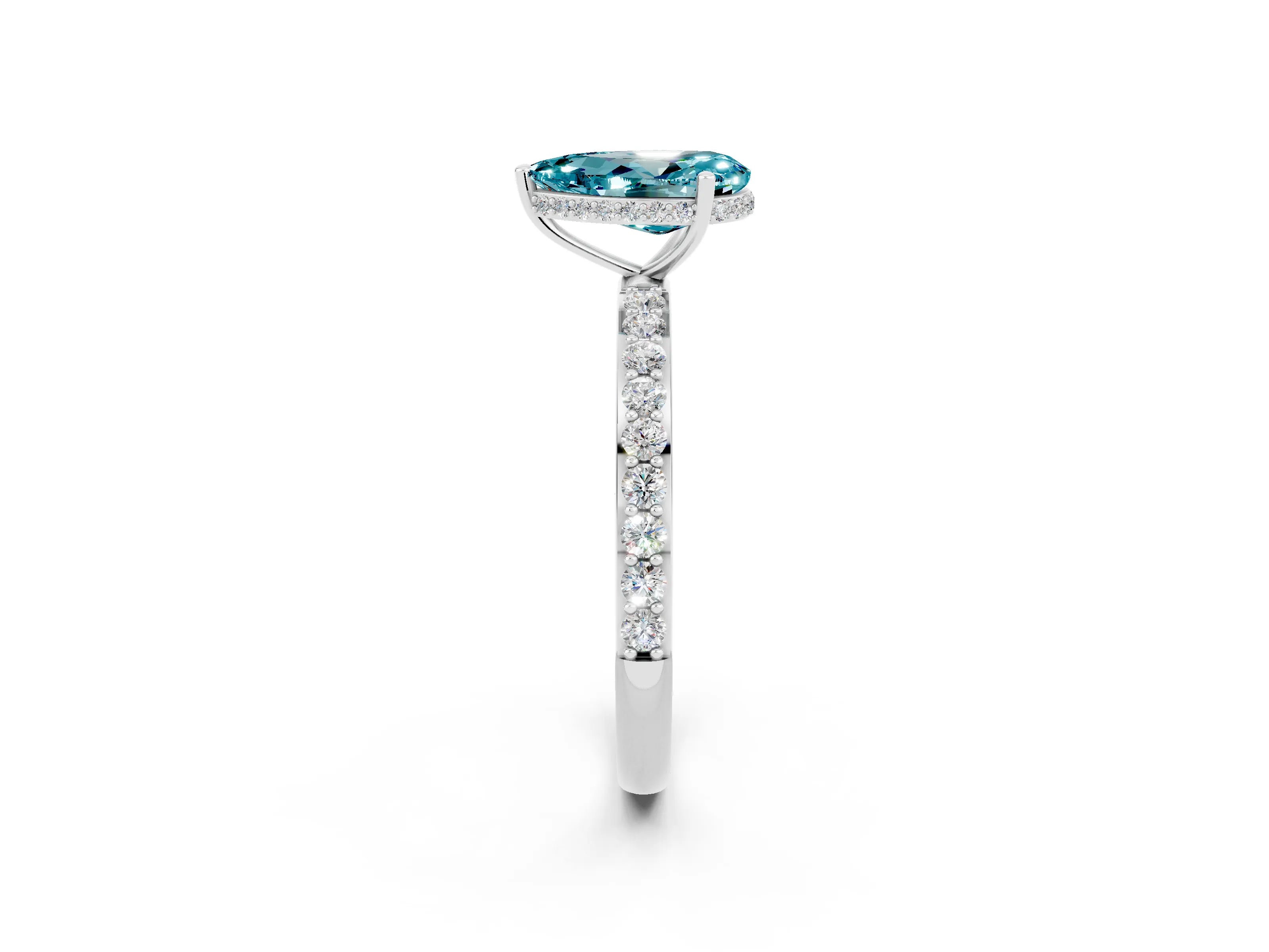 White gold Pear Cut Blue Topaz Solitaire Ring with Pavé Band and Hidden Halo_26