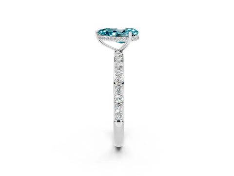 White gold Pear Cut Blue Topaz Solitaire Ring with Pavé Band and Hidden Halo_26