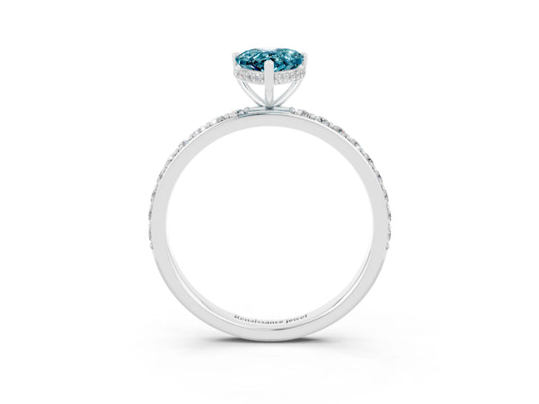 Silver Pear Cut Blue Topaz Solitaire Ring with Pavé Band and Hidden Halo