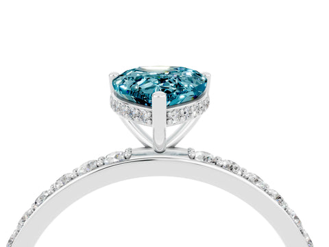 White gold Pear Cut Blue Topaz Solitaire Ring with Pavé Band and Hidden Halo_4